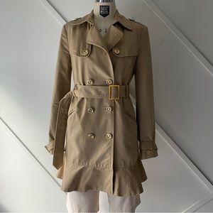 Juicy Couture Double Breasted Trench Coat Khaki Sz S | Gold Buttons Peplum
